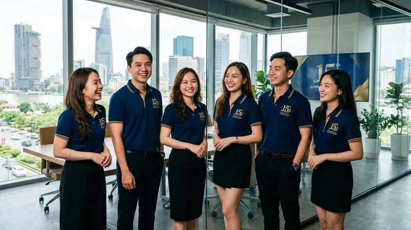 Tập thể cán bộ nhân viên tự hào diện áo kỷ niệm dấu mốc phát triển rực rỡ của doanh nghiệp.