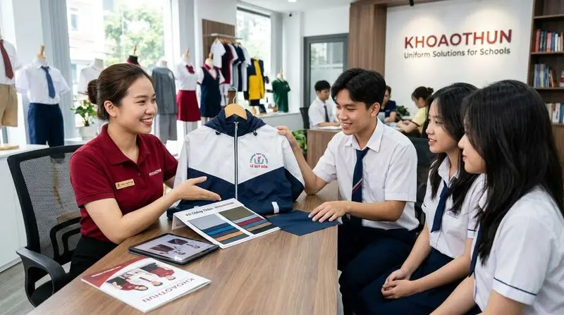Chuyên viên KHOAOTHUN.COM.VN tư vấn chất liệu cotton an toàn và áo polo học sinh cho ban giám hiệu trường học, cô giáo mầm non