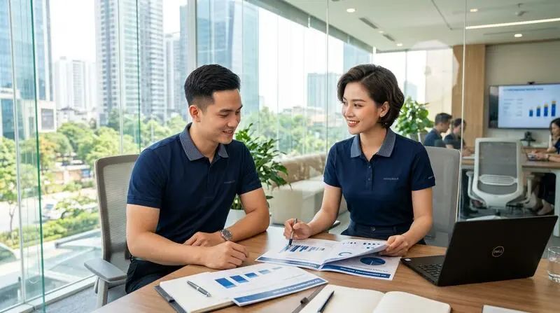 Buổi họp chiến lược phòng ban: Sự tự tin và phong thái đĩnh đạc toát lên từ mẫu polo công sở phom dáng Regular Fit.