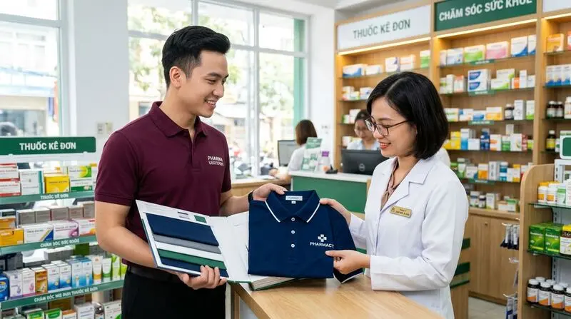 Chuyên viên KHOAOTHUN hỗ trợ đặt may áo thun dược sĩ có cổ phối bo tay thanh lịch chuẩn nhận diện GPP.