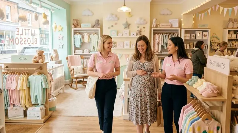 Cửa hàng mẹ và bé ấm áp: Nhân viên tận tâm trong mẫu áo polo hồng phấn dịu nhẹ chăm sóc khách hàng chu đáo.