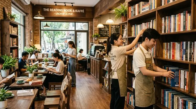 Không gian nhà sách trang nhã: Nhân viên chỉn chu trong áo polo kem phối tạp dề nâu sắp xếp sách gọn gàng.