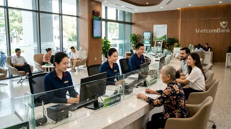 Bối cảnh quầy giao dịch ngân hàng hiện đại: Đội ngũ giao dịch viên trong trang phục chuyên nghiệp, lịch thiệp.
