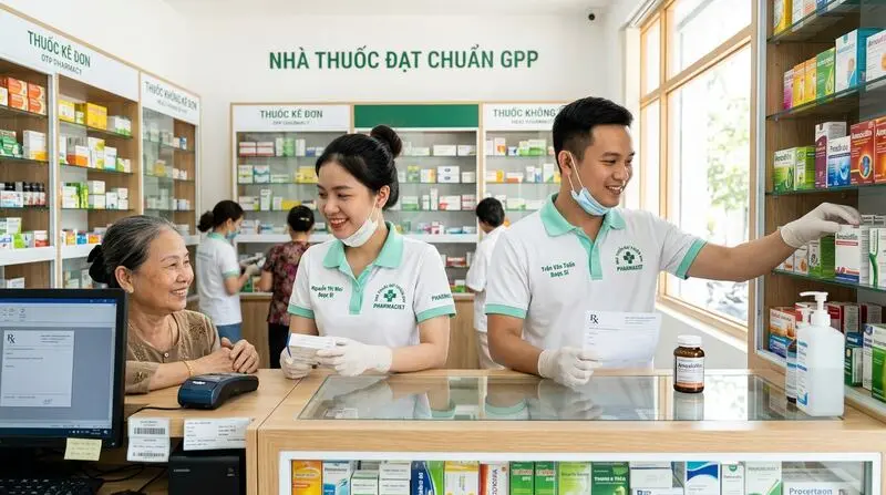 Dược sĩ tư vấn tại quầy thuốc đạt chuẩn GPP: Phong thái tận tâm, trang nhã và tạo sự tin tưởng tuyệt đối.