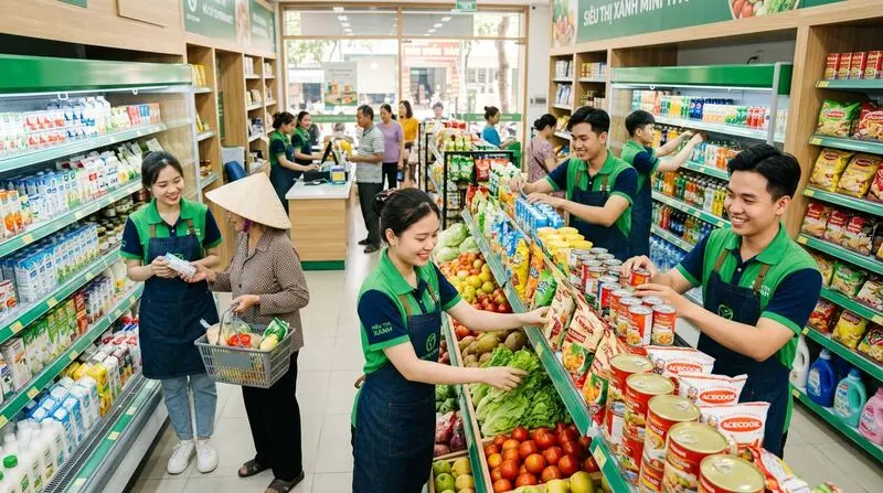 Đồng phục siêu thị mini bền đẹp giúp nhân viên tự tin vận động sắp xếp hàng hóa.