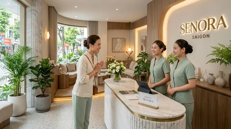 Sảnh tiếp đón viện thẩm mỹ sang trọng: Kỹ thuật viên spa toát lên vẻ trang nhã, nhẹ nhàng và chuẩn y khoa.