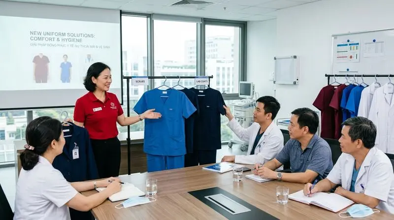 Chuyên viên KHOAOTHUN thuyết trình giải pháp đồng phục y tế kháng khuẩn, thoáng khí và đạt chuẩn vô trùng cho hội đồng y bác sĩ.