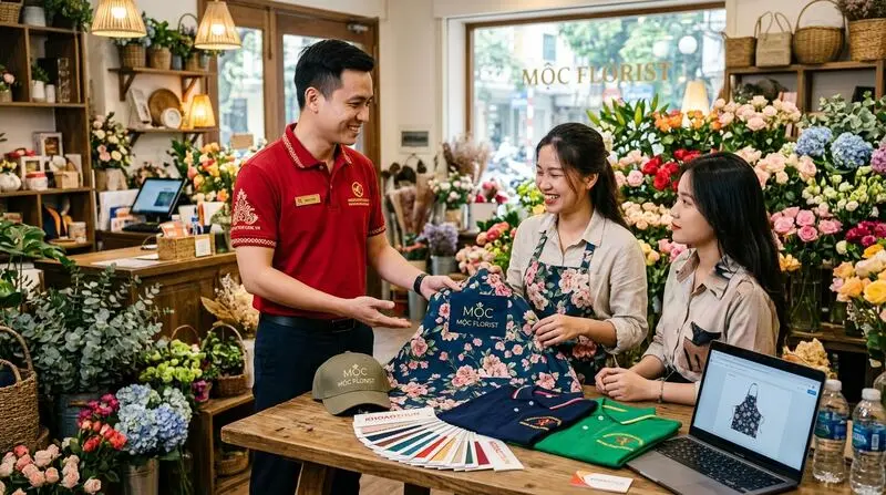 Chuyên viên KHOAOTHUN.COM.VN tư vấn mẫu tạp dề chống nước, nón kết thêu logo và áo đồng phục cho chuỗi cửa hàng bán lẻ, shop hoa tươi