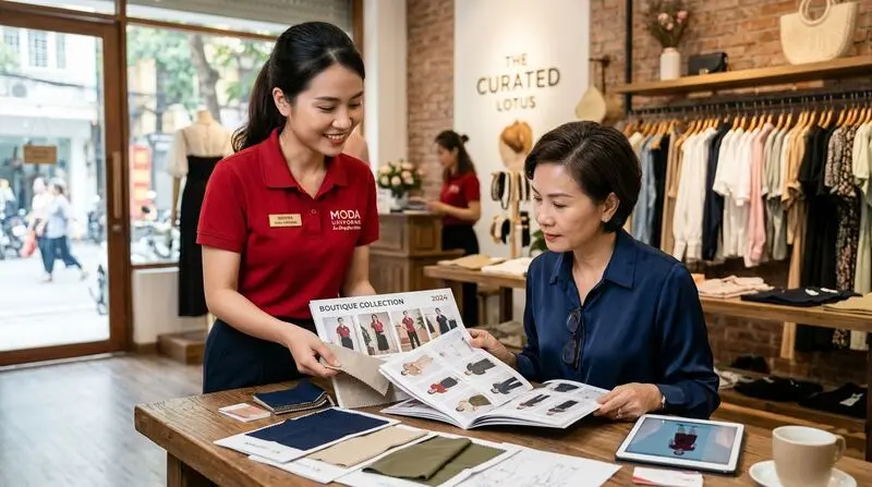 Chuyên viên KHOAOTHUN.COM.VN tư vấn dòng vải kháng khuẩn chuẩn y khoa, áo scrub, áo blouse cho bác sĩ và quản lý phòng khám y tế