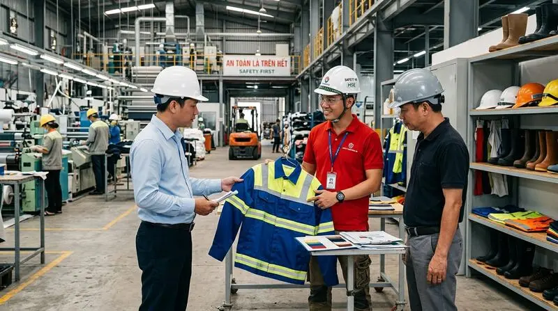 Chuyên viên kỹ thuật KHOAOTHUN đội mũ bảo hộ tư vấn mẫu áo bảo hộ phối dải phản quang cho ban quản lý nhà máy.