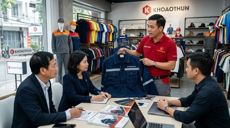 Chuyên viên KHOAOTHUN.COM.VN tư vấn chất liệu vải bảo hộ dày dặn, dải phản quang an toàn cho kỹ sư cơ khí, thợ garage ô tô và logistics