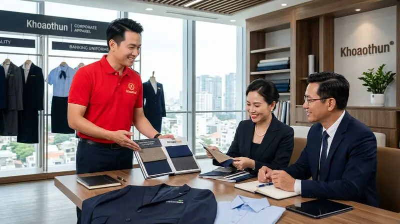 Chuyên viên KHOAOTHUN tư vấn bảng màu vải độc quyền và giải pháp đồng phục may đo cho đại diện ban giám đốc ngân hàng.