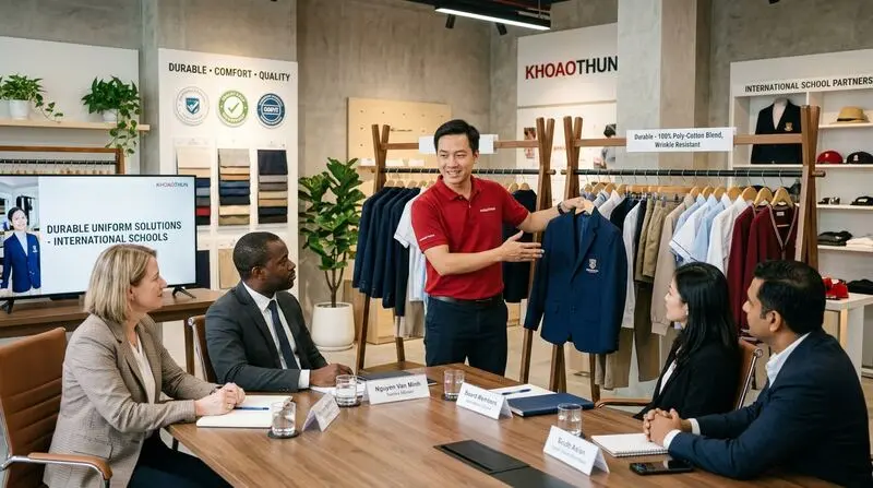 Chuyên viên KHOAOTHUN.COM.VN tư vấn catalogue áo sơ mi cao cấp và polo CVC chống nhăn cho ban giám đốc và khối doanh nghiệp ngân hàng