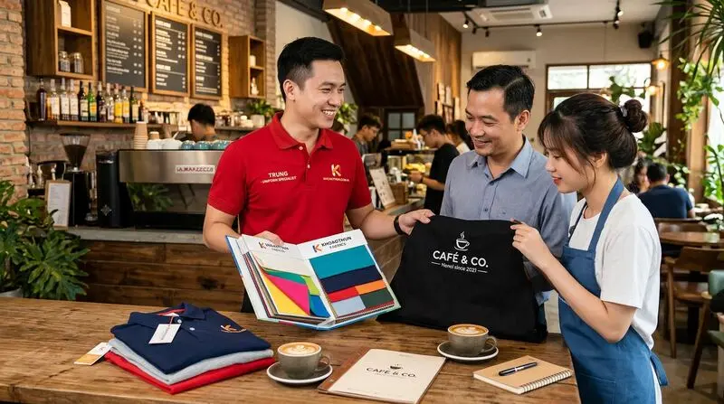 Chuyên viên KHOAOTHUN.COM.VN tư vấn chất liệu Cotton Compact và mẫu tạp dề đồng phục cho quán cafe, trà sữa, nhà hàng F&B