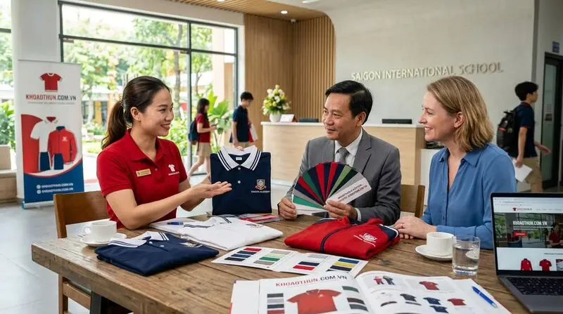 Chuyên gia KHOAOTHUN.COM.VN đón tiếp và tư vấn trọn gói hệ thống nhận diện thương hiệu đồng phục cho đoàn khách hàng doanh nghiệp tại showroom