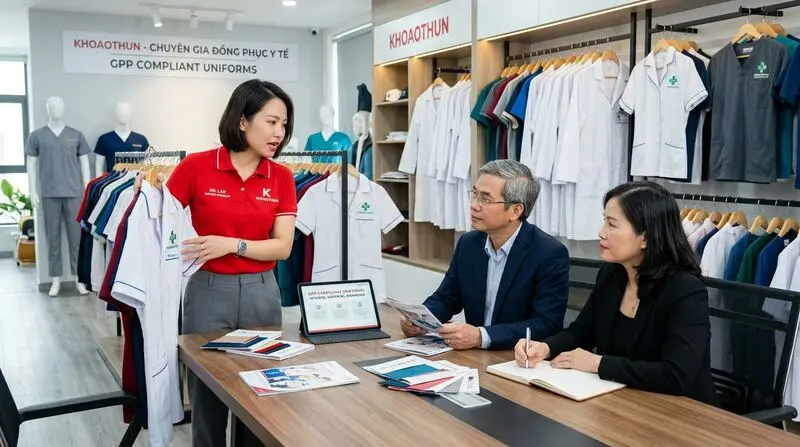 Chuyên viên KHOAOTHUN tư vấn mẫu áo polo dược sĩ co giãn kết hợp áo blouse truyền thống cho chuỗi nhà thuốc.