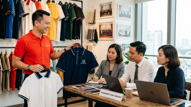 Chuyên viên KHOAOTHUN tư vấn bộ sưu tập polo phối bo cổ dệt Jacquard dập logo độc quyền cho ban lãnh đạo.