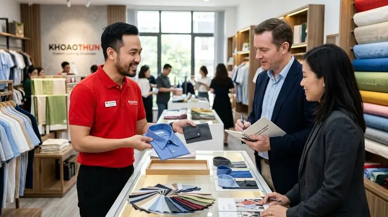Chuyên viên KHOAOTHUN tư vấn catalogue sơ mi sợi tre và bảng size may đo chuẩn dáng người Việt.