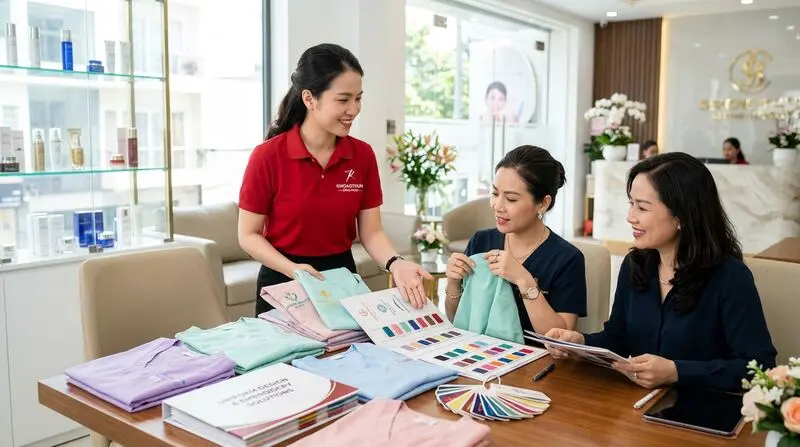 Chuyên viên KHOAOTHUN.COM.VN tư vấn dòng vải kháng khuẩn chuẩn y khoa, áo scrub, áo blouse cho bác sĩ và quản lý phòng khám y tế