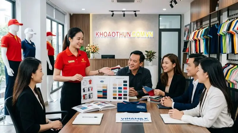 Chuyên gia KHOAOTHUN.COM.VN đón tiếp và tư vấn trọn gói hệ thống nhận diện thương hiệu đồng phục cho đoàn khách hàng doanh nghiệp tại showroom