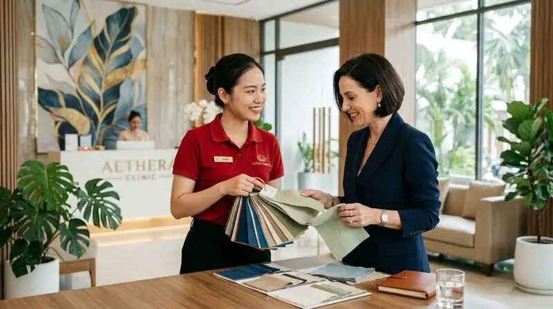 Chuyên viên KHOAOTHUN tư vấn bảng màu vải lụa mềm mát và rập áo spa thanh lịch cho chủ thẩm mỹ viện tại sảnh tiếp đón.