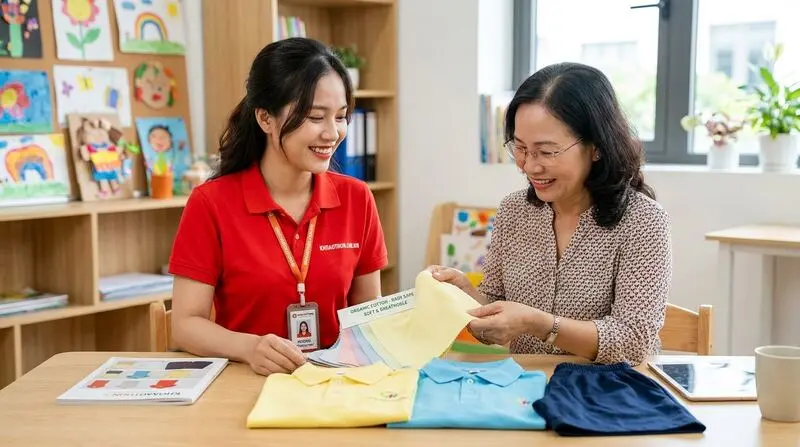Chuyên viên KHOAOTHUN.COM.VN tư vấn chất liệu cotton an toàn và áo polo học sinh cho ban giám hiệu trường học, cô giáo mầm non