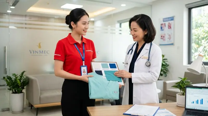 Chuyên viên KHOAOTHUN.COM.VN tư vấn chất liệu cotton an toàn và áo polo học sinh cho ban giám hiệu trường học, cô giáo mầm non
